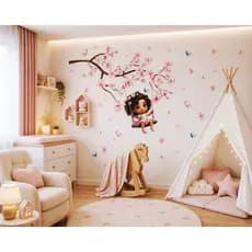 Adesivo de Parede Infantil Menina Morena Balanço e Cerejeira Papel de Parede Infantil Decalques
