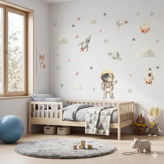 Kit Adesivo Parede Astronauta Aquarela Planetas Foguete Papel de Parede Quarto Bebê