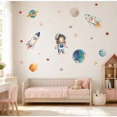 Adesivo Parede Menina Astronauta Aquarela Boho Papel de Parede Auto Colante Decalque
