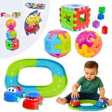 Kit 4 Brinquedos Educativo Cubos + Carros Com Pista Didático Infantil Formas Interativas 29 Peças