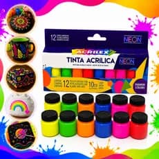 Kit 6/12 Tinta Neon Artesanato 6 Cores Escola Pintura Arte Customização Cores Intensa Não Tóxico