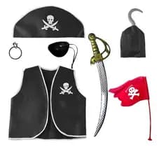 Kit Pirata Infantil - Aventura dos Sete Mares tapa olho chapeu brinco espada colete e gancho para as maos