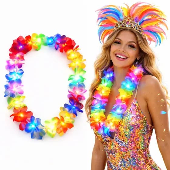 Colar Havaiano LED Pisca 3 Modos Flor Tecido Colorido Festa Fantasia Bloco Carnaval Verão