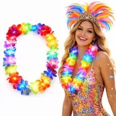 Colar Havaiano LED Pisca 3 Modos Flor Tecido Colorido Festa Fantasia Bloco Carnaval Verão