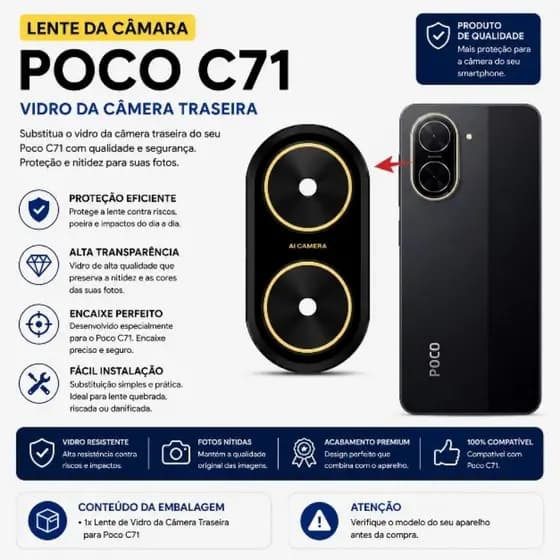 Vidro Da Câmera Poco C71 Lente Traseira Alta Qualidade