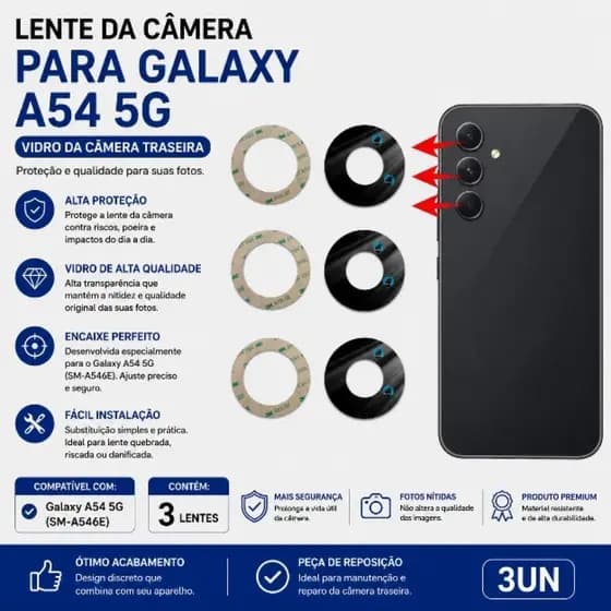 Lente da Câmera Galaxy A54 5G SM-A546E Vidro Traseiro Câmera 3 Unidades + Adesivo