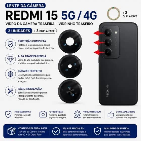 Lente Da Câmera Redmi 15 5G / 4G Vidro Traseiro Camera Reposição Kit 3 Unidades
