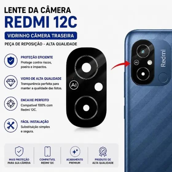 Lente da Câmera Redmi 12C – Vidrinho Câmera Traseira Peça de Reposição Premium