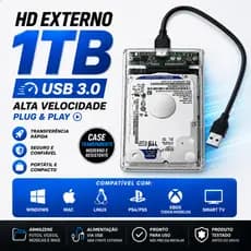 HD EXTERNO PORTÁTIL 1TB/1000GB USB 3.0 CASE TRANSPARENTE, PS2 PS3 PS4 PS5 XBOX PC NOTEBOOK