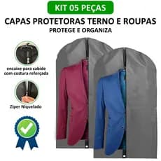 Kit 05 Capa Terno e Roupas com Visor e Zíper TNT Impermeável Porta Terno Viagens Premium Cinza