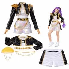 Fantasia Kpop Infantil Completa Demon Hunters Amarela Cropped Manga + Short Saia Holográfico com Correntes e Acessórios