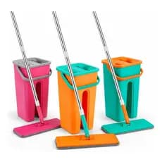 Mop Flat Balde Duplo 5L Com 2 Refis Microfibra Cabo Inox Limpeza Piso 3 Cores Casa Apartamento