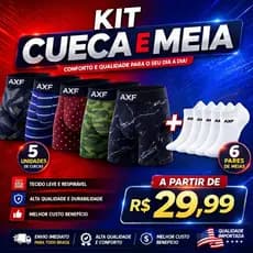 Kit 5 Cuecas Box Boxer Microfibra + 6 Pares de Meia Algodão