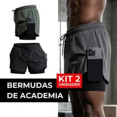 Kit 2 Shorts Bermuda 2 Em 1 Masculino Liso para Corrida e Academia com Elastano e Bolso Interno para Celular