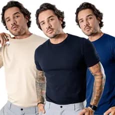 Kit Com 3 Camiseta Masculina  Algodão E Elastano Do P ao G1 Gola Redonda Estilosa Confortavel