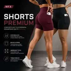 Kit 2 Shorts Bolso Lateral Academia Feminino Fitness Poliamida C/ Elastano Cintura Alta