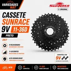 CASSETE SUNRACE 9V 11-36D PRETO MTB K7 9 VELOCIDADES BIKE