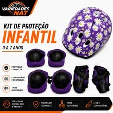 KIT DE PROTEÇÃO INFANTIL LILÁS MARGARIDA COM CAPACETE JOELHEIRA COTOVELEIRA E MUNHEQUEIRA 3 A 7 ANOS