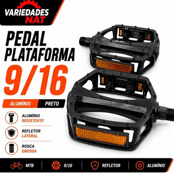 PAR PEDAL PLATAFORMA MTB 9/16 ROSCA GROSSA ESFERADO COM REFLETOR ALUMÍNIO PRETO