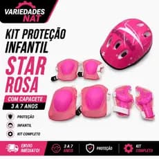 Kit de Proteção Infantil Star Rosa com Capacete, Joelheira, Munhequeira e Cotoveleira 3 a 7 Anos