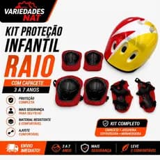 Kit de Proteção Infantil Raio com Capacete, Joelheira, Munhequeira e Cotoveleira 3 a 7 Anos