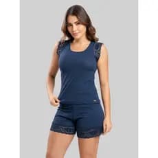 Short Doll Feminino Suede Canelado Pijama Curto Confortável com Renda Flávia IMI