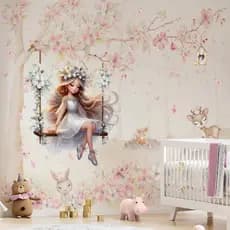Papel De Parede Menina Balanço Flores Animais Quarto Infantil Adesivo Decorativo
