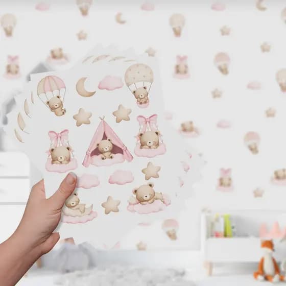Adesivo Decorativo De Parede Infantil Ursinho Balão Estrela Quarto Sala Bebe Menina