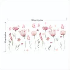 Adesivo De Parede Em Recorte Sem Fundo Flores Raminhos Jardim Borboletas Rosa