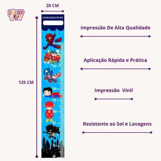 Régua de Crescimento Infantil Super-Heróis Adesivo Decorativo Menino