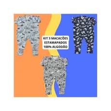 Kit com 3 Macacões Estampado malha 100% algodão com vira pé enxoval roupas de bebê infantil