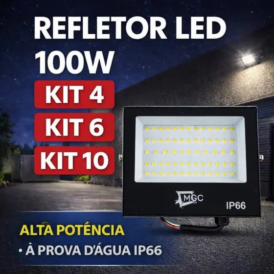 Refletor LED 100W IP66 Branco Frio Bivolt – Kit 4 / 6 / 10 Uso Externo