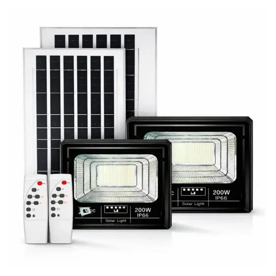 Kit 2 Refletor Solar LED 200W IP66 Holofote À Prova D’Água com Placa Solar, Bateria e Luz Branca Fria