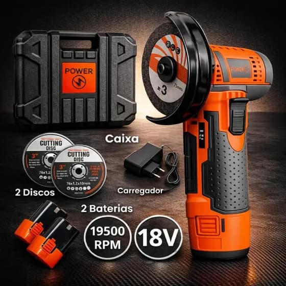 Esmerilhadeira 18V Portátil Recarregável Sem Fio com 2 Baterias e Carregador Corte Metal PVC Madeira