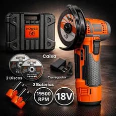 Esmerilhadeira 18V Portátil Recarregável Sem Fio com 2 Baterias e Carregador Corte Metal PVC Madeira