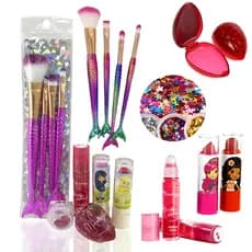 Kit de Maquiagem Infantil Completo Pincel Sereia Batom Rosinha Gloss Glitter Menina Criança Presente