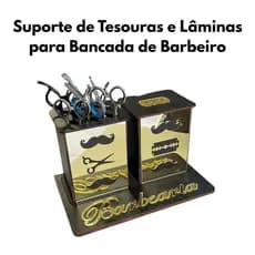 Suporte Espelhado Dourado Para Tesouras e Lâminas Para Bancada Barbearia