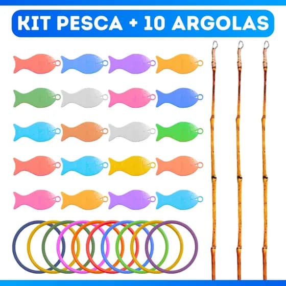 Kit Com 3 Varas De Pesca + 20 Peixes + 10 Argolas Jogo Festa junina - SUPER PROMOÇÃO