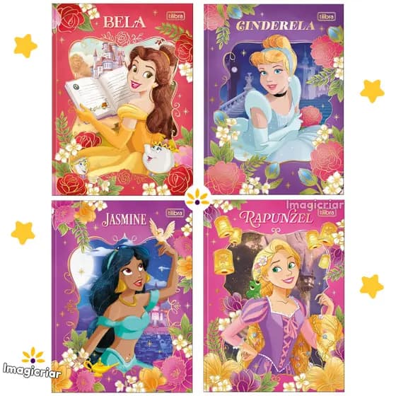 Caderno Brochura Colegial Princesas Disney Tilibra - 80 ou 160 Folhas Especiais | Bela, Cinderela, Jasmine, Rapunzel