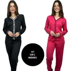 KIT 2 Pijamas Longos De Manga Americano Blogueira Aberto Botão Amamentação Feminino Inverno Frio Blogueirinha Promoção