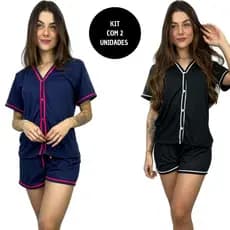 KIT 2 Pijamas Curto Americano Blogueira Aberto Botão Amamentação Feminino Baby Doll Blogueirinha