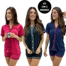 KIT 3 Pijamas Curto Americano Blogueira Aberto Botão Amamentação Feminino Baby Doll Blogueirinha