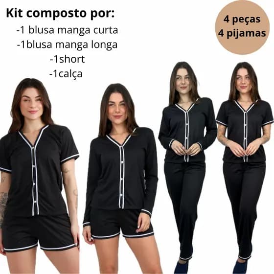 Pijama Feminino 4 em 1 Kit Verão e Inverno Short Calça Manga Curta e Longa Conjunto Confortável