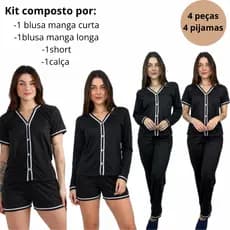 Pijama Feminino 4 em 1 Kit Verão e Inverno Short Calça Manga Curta e Longa Conjunto Confortável