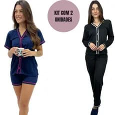 KIT 2 Pijamas Americanos Blogueira Aberto Botão Amamentação Feminino Baby Doll e Inverno Longo de Manga Blogueirinha