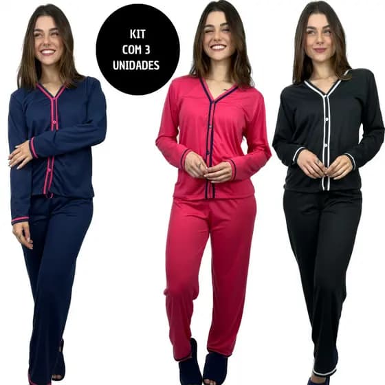 KIT 3 Pijamas Americanos Inverno Blogueira Manga Longa Frio Aberto Botão Amamentação Cirurgico Feminino Blogueirinha