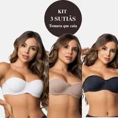 KIT 3 Sutiãs Tomara que Caia Costa Nua com Bojo Anatômico e Sustentação Perfeita Alça Removível