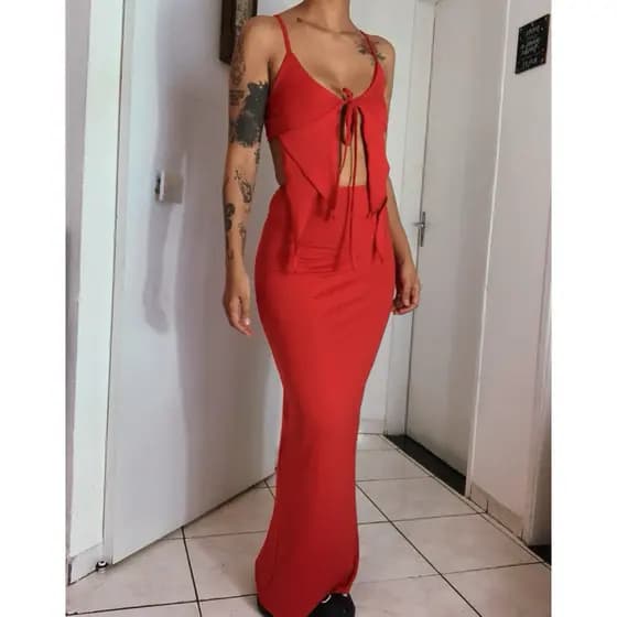 Conjunto cropped e saia longa- saia com fenda atrás - cropped amarração modelo gringo