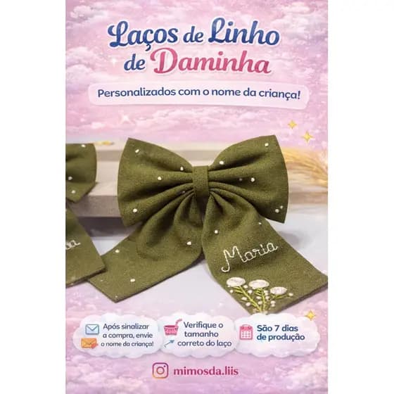 Laço daminha  em linho menina personalizado bordado à mão de cabelo