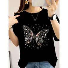 Camiseta Feminina De Gola Redonda Estampada Com Borboleta